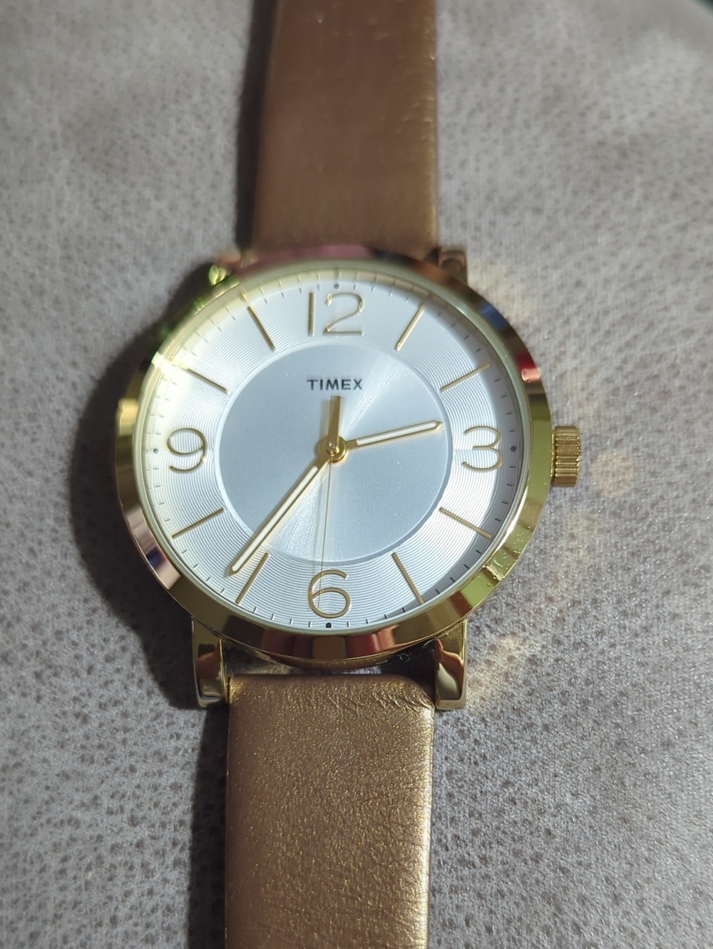 Timex Gold-Tone Case with Metallic Brown Leather Strap Watch
